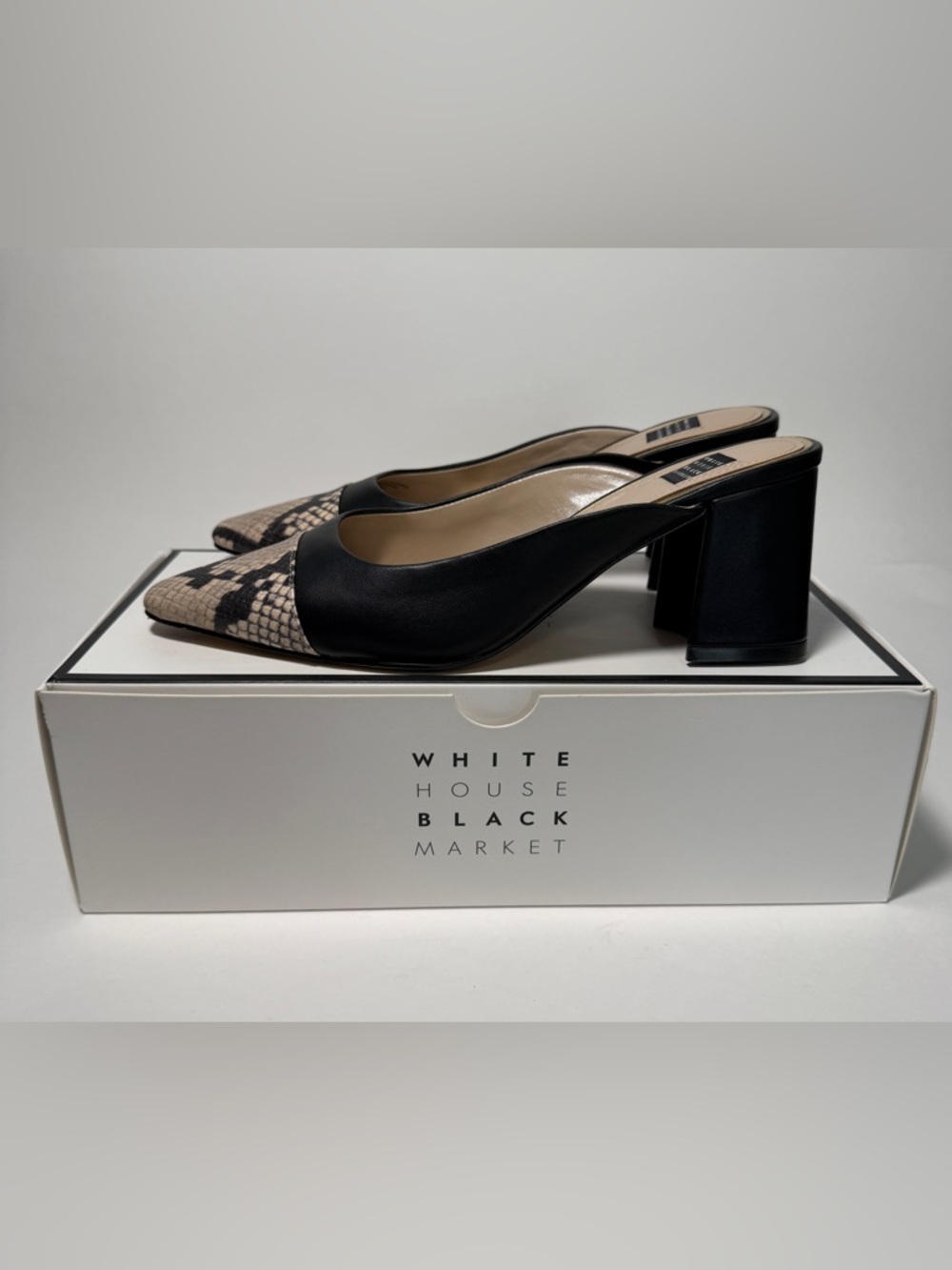 White House Black Market Black & Beige Snake-Print Block Heel Mules Size 8